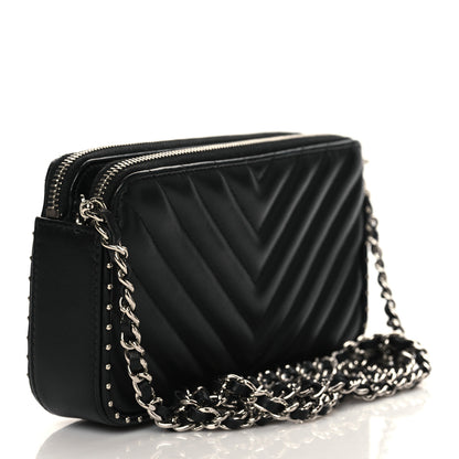 Chanel Lambskin Chevron Quilted Studded Clutch With Chain Black 4 of 13