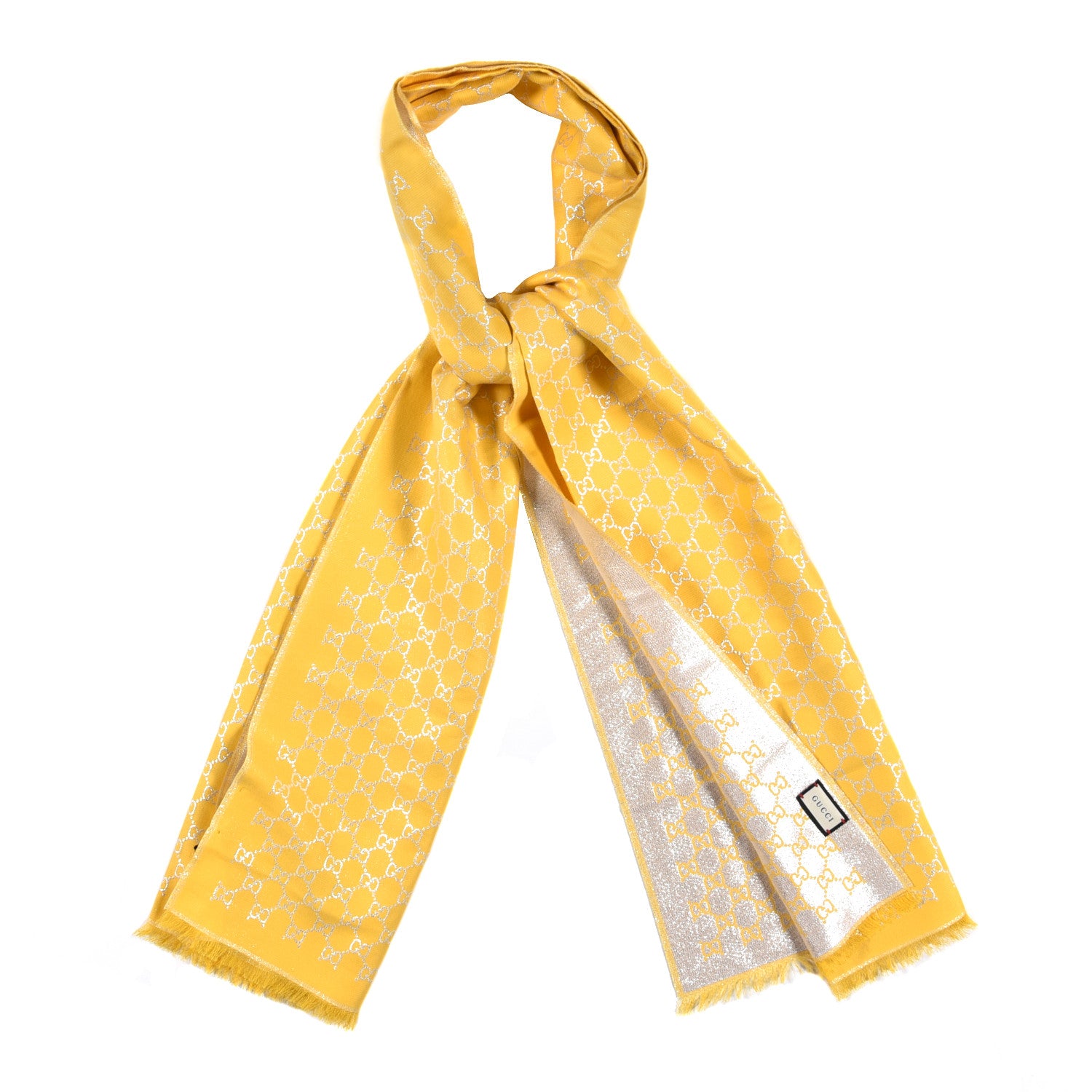 Gucci Cotton Lame GG Monogram Argentavio Fringe Scarf Lemon Light Grey 1 of 5