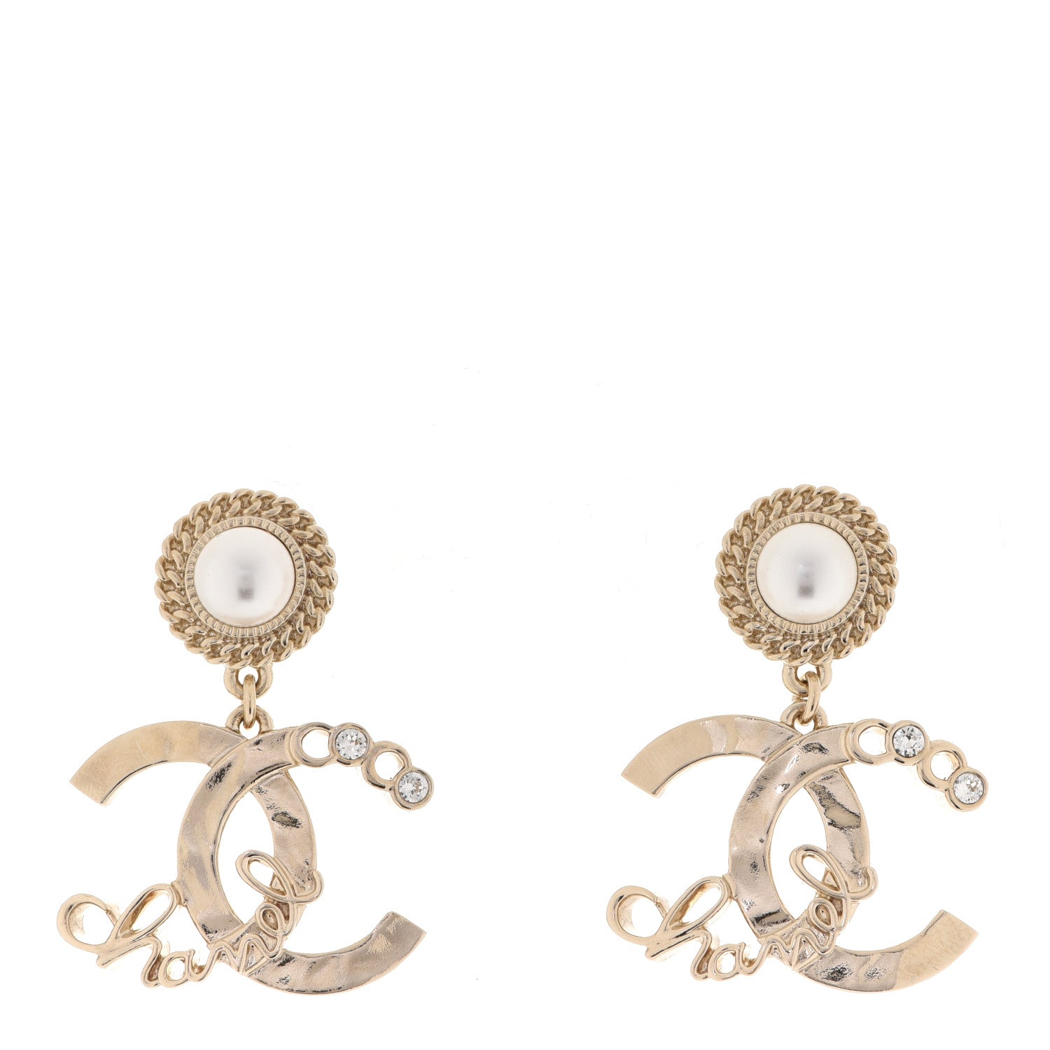 Chanel Pearl Crystal CC Logo Drop Earrings Gold 1 of 5