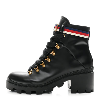 Gucci Calfskin Sylvie Web Womens Lace Up Combat Boots 42 Black 1 of 11