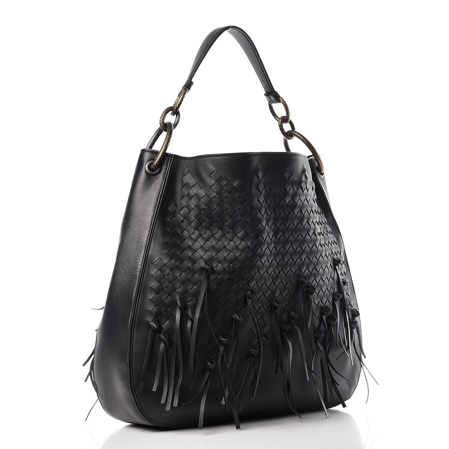 Nappa Intrecciato Large Loop Fringe Hobo Black