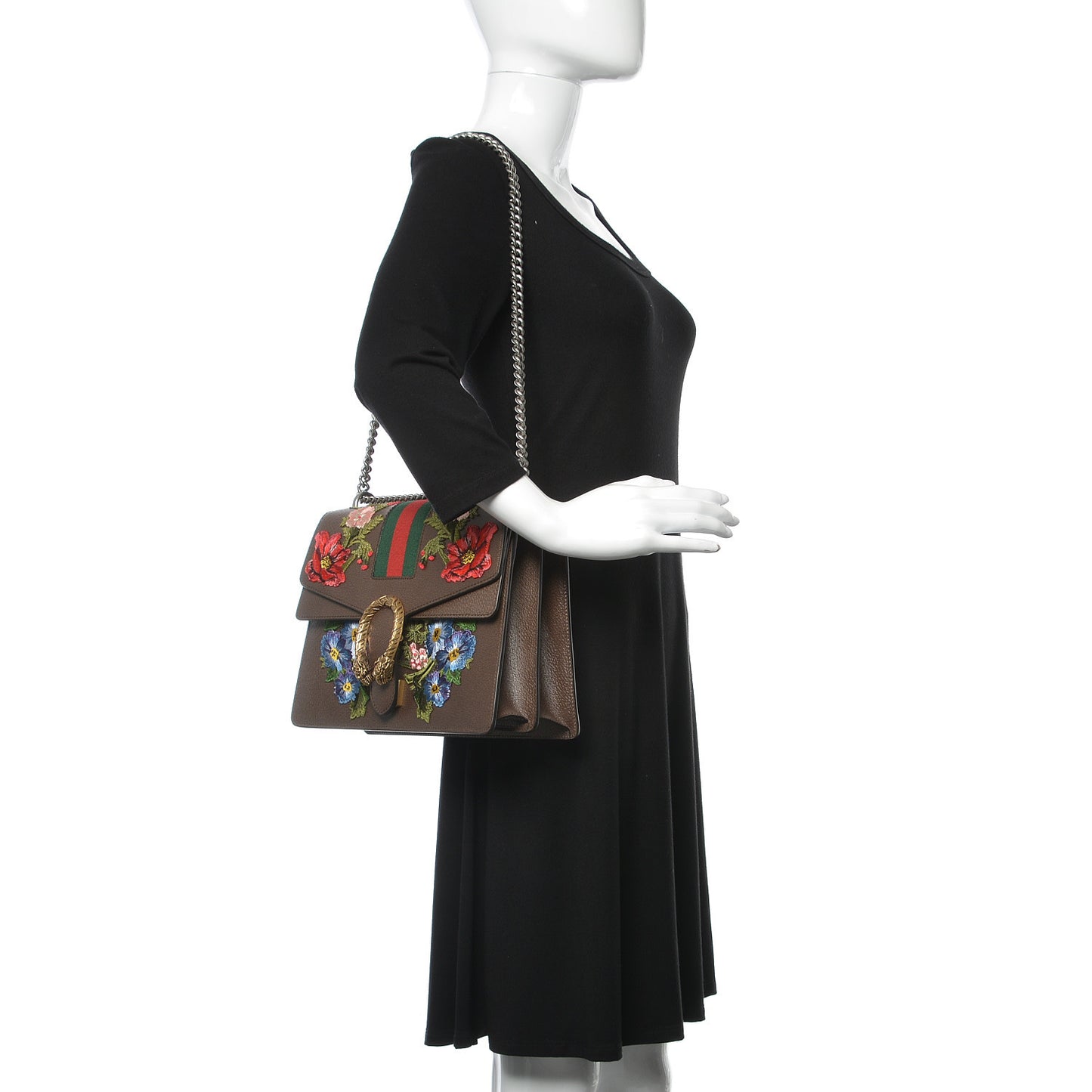 Calfskin Web Floral Embroidered Medium Dionysus Shoulder Bag New Acero