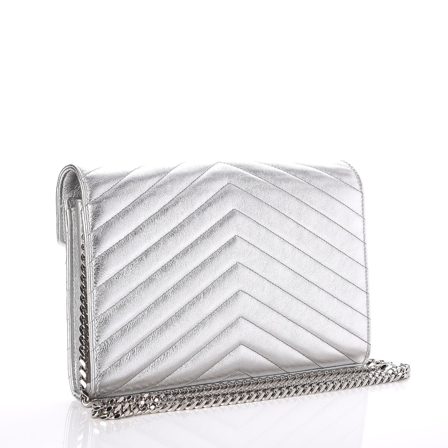 Saint Laurent Metallic Lambskin Matelasse Chevron Monogram Chain Wallet Argento 3 of 8