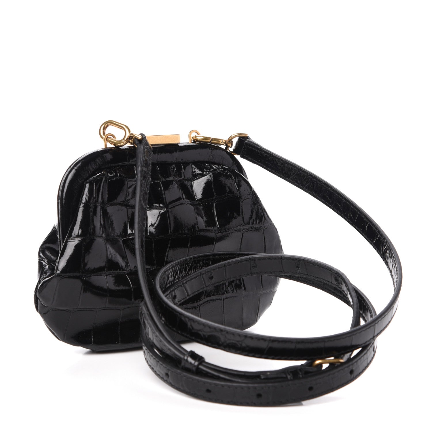 Balenciaga Shiny Supple Calfskin Logo Crocodile Embossed Cloud Coin Purse With Strap Black White 3 of 10