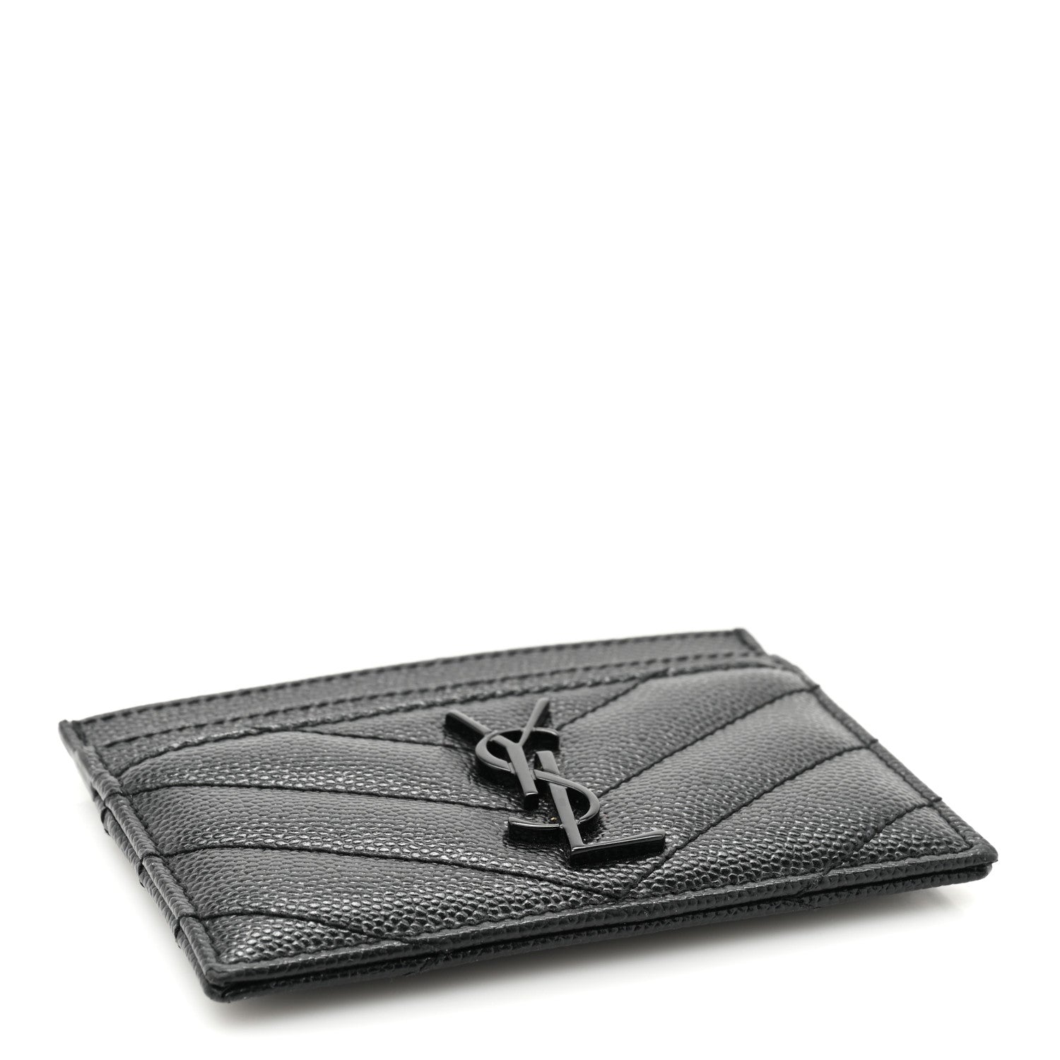 Saint Laurent Grain De Poudre Matelasse Chevron Monochrome Monogram Credit Card Case Black 4 of 11