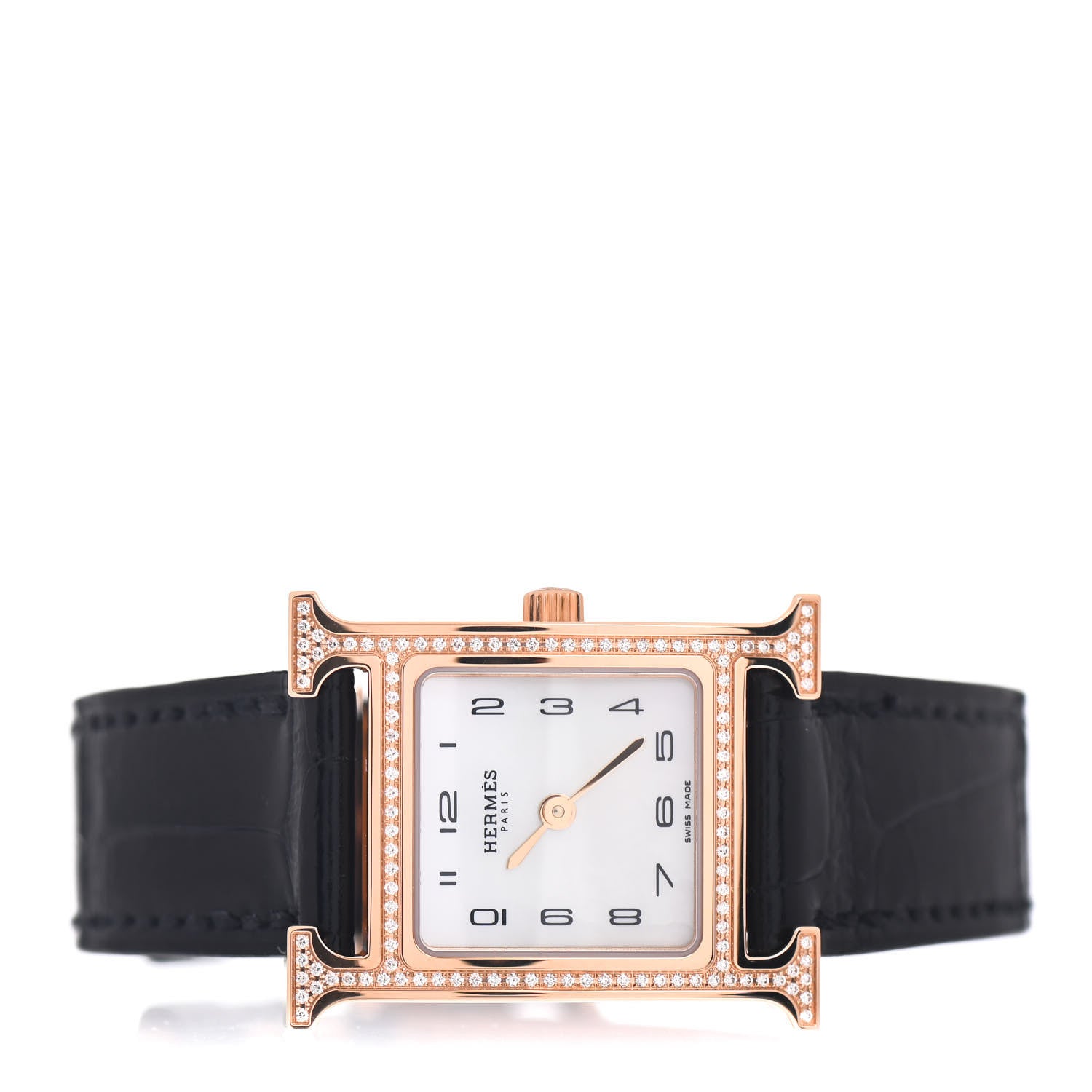 Hermes 18K Rose Gold Alligator Diamond Bezel Mother of Pearl 21mm Heure H Hour Quartz Watch Noir 2 of 5