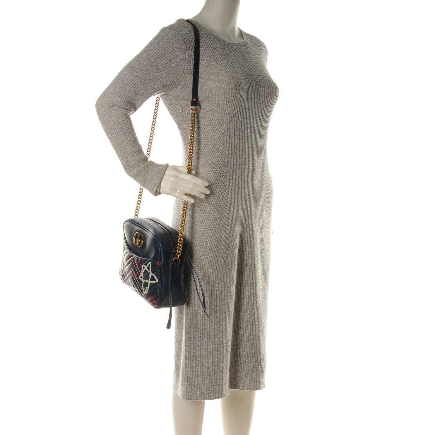 Gucci Calfskin Matelasse GucciGhost Medium GG Marmont Chain Shoulder Bag Blue Agata Hibiscus Red 2 of 7
