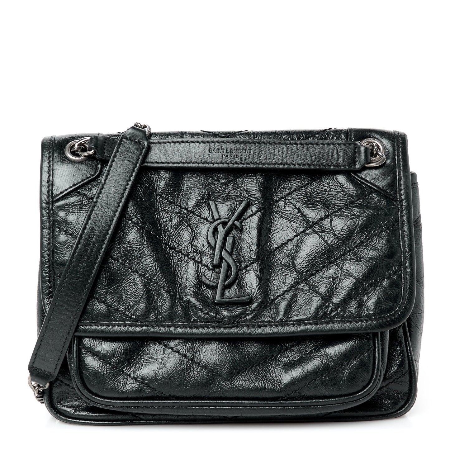 Crinkled Calfskin Matelasse Monogram Baby Niki Chain Satchel Black