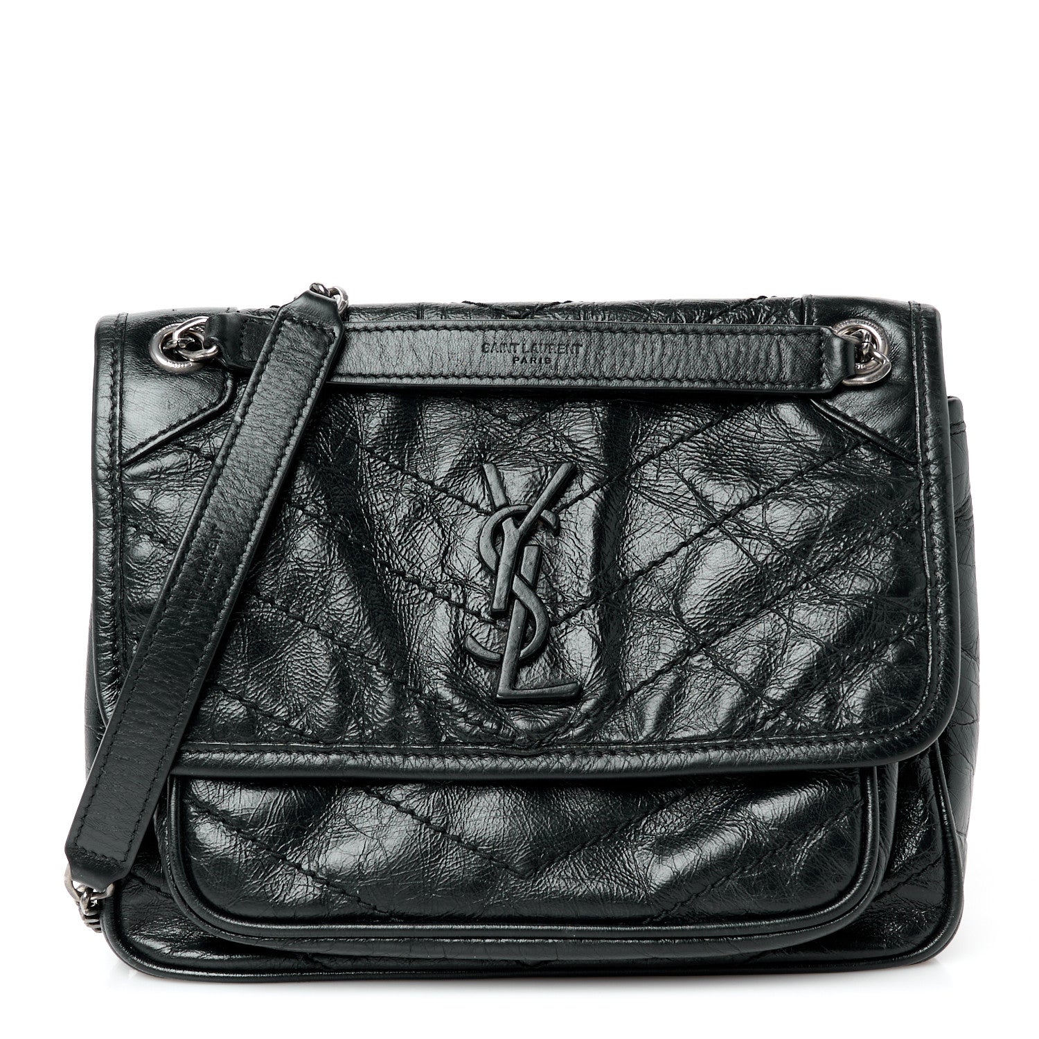 Saint Laurent Crinkled Calfskin Matelasse Monogram Baby Niki Chain Satchel Black 1 of 11