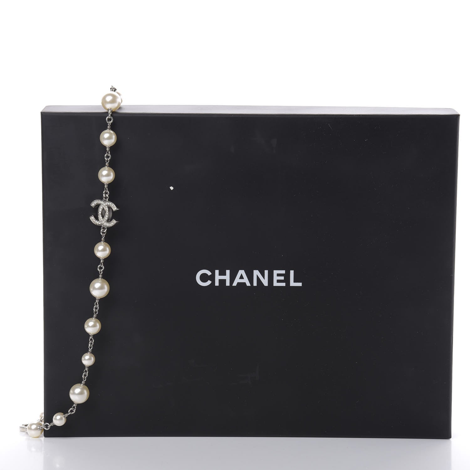 Chanel Graduated Pearl Crystal CC Long Necklace Silver 5 of 5