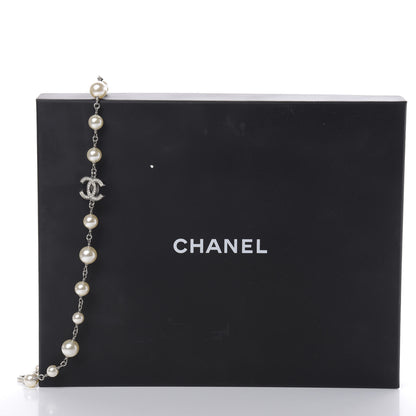 Chanel Graduated Pearl Crystal CC Long Necklace Silver 5 of 5