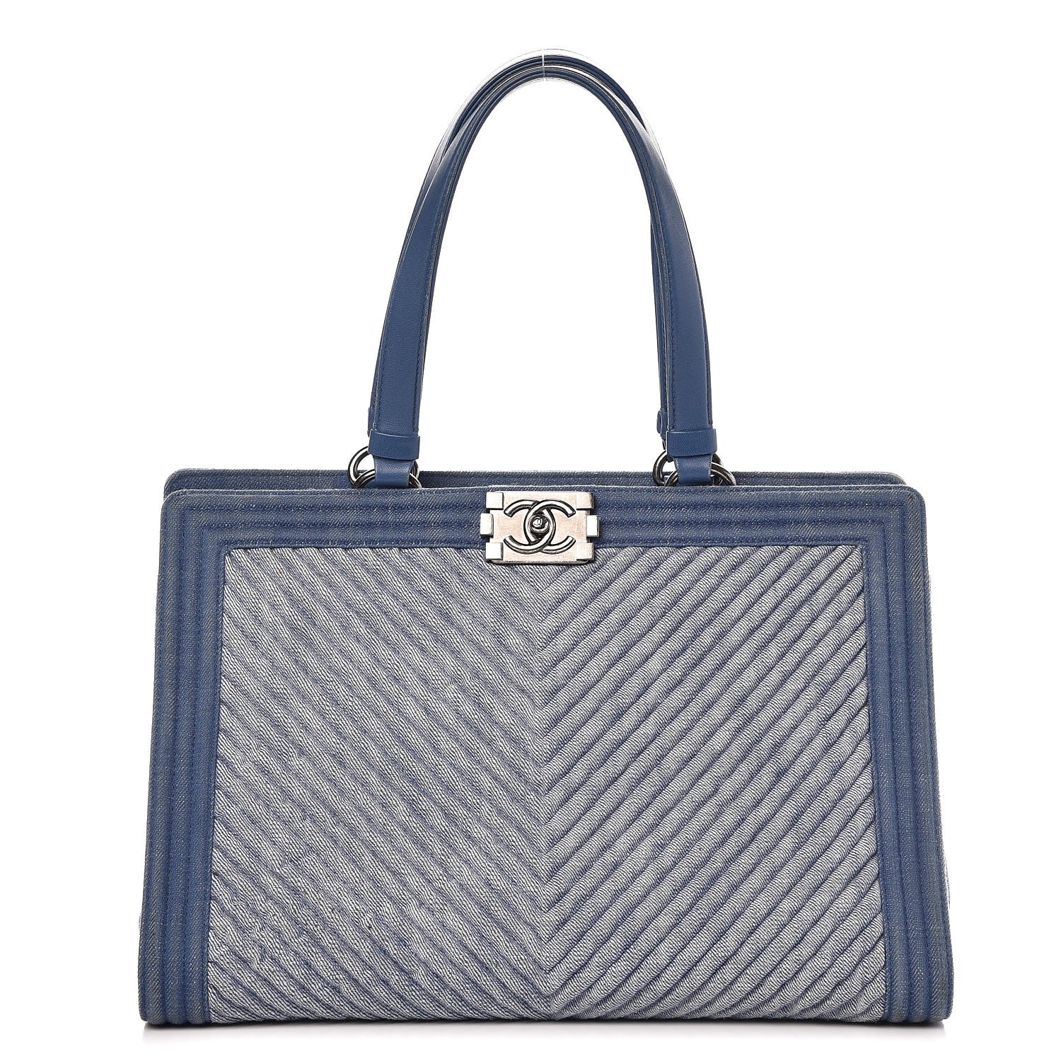 Chanel Denim Chevron Quilted Large Boy Shopping Tote Light Blue 1 of 17