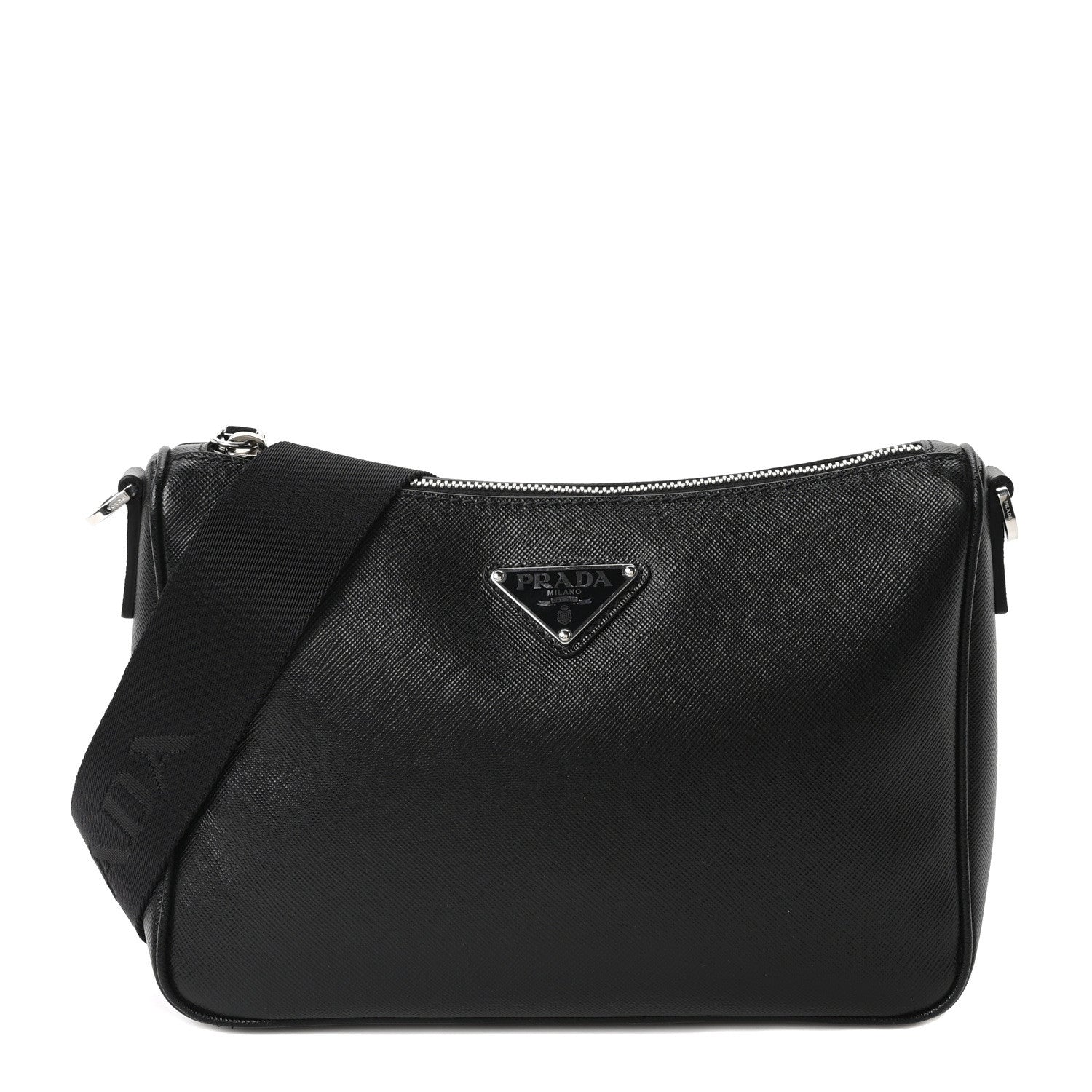 Prada Saffiano Travel Pocket Zippered Shoulder Bag Black 1 of 11