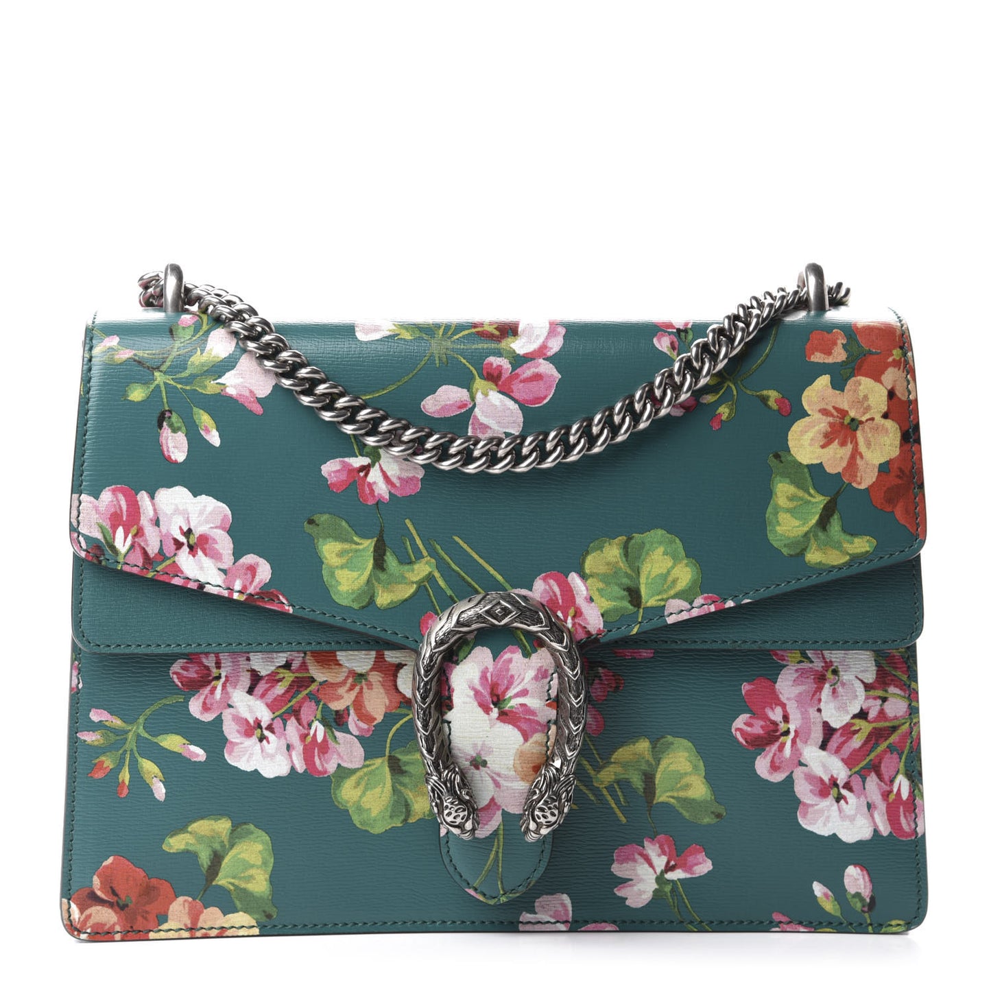 Calfskin Blooms Print Medium Dionysus Shoulder Bag Bright Emerald Multicolor