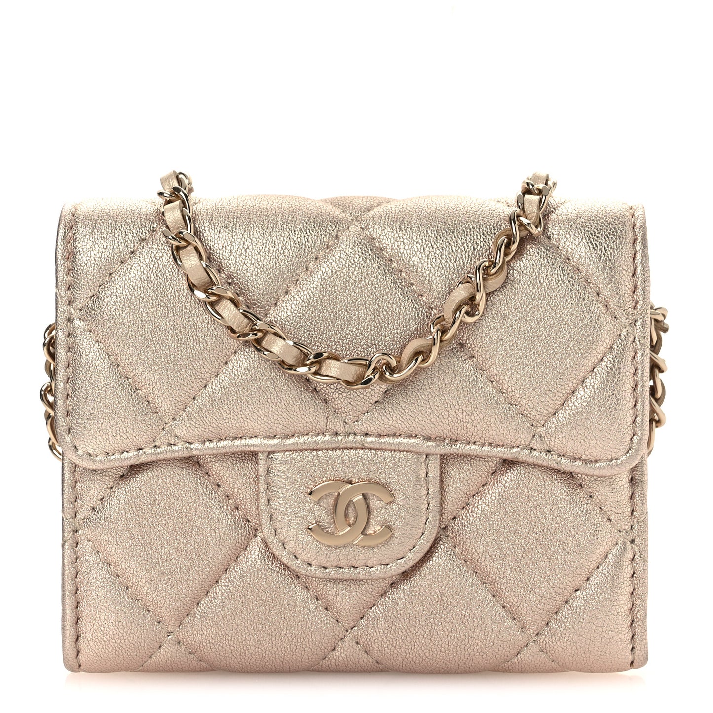 Metallic Lambskin Quilted Flap Card Holder On Chain Gold