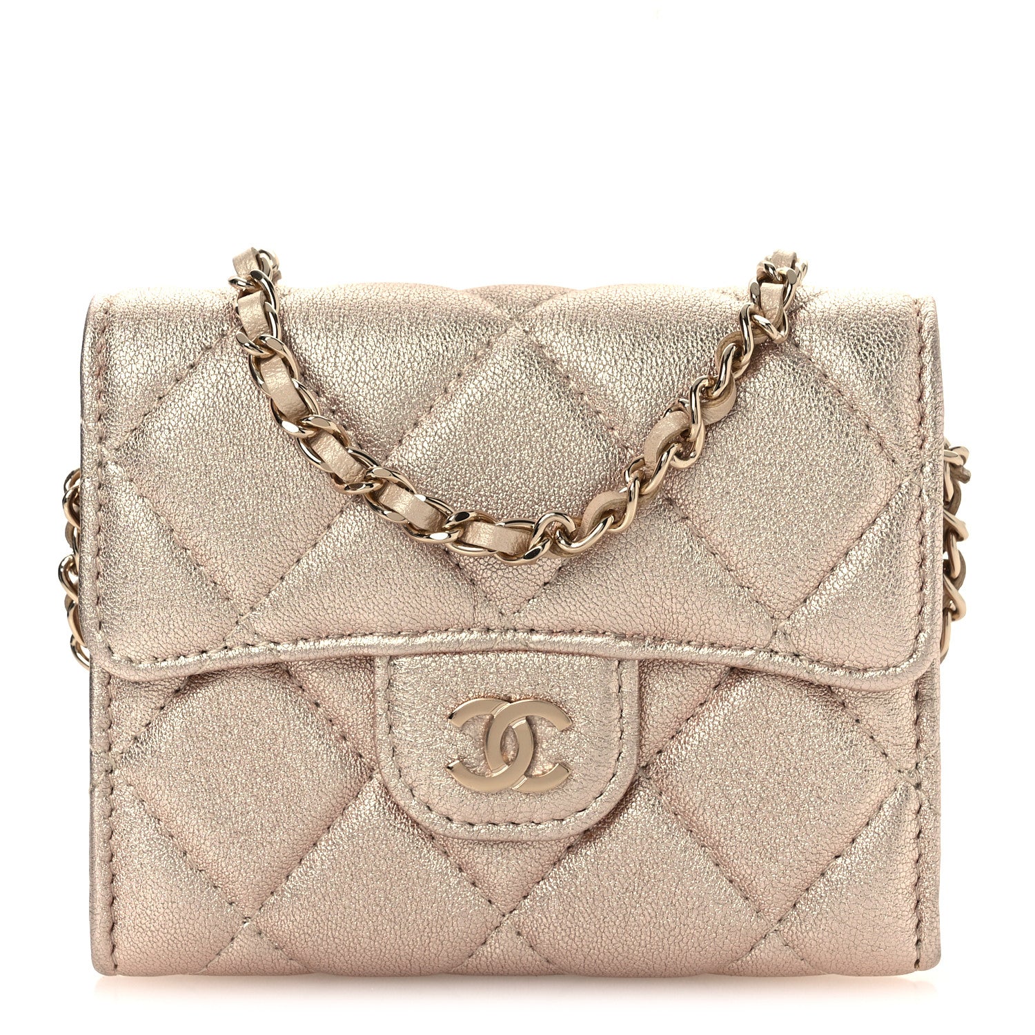 Chanel Metallic Lambskin Quilted Flap Card Holder On Chain Gold 1 of 10