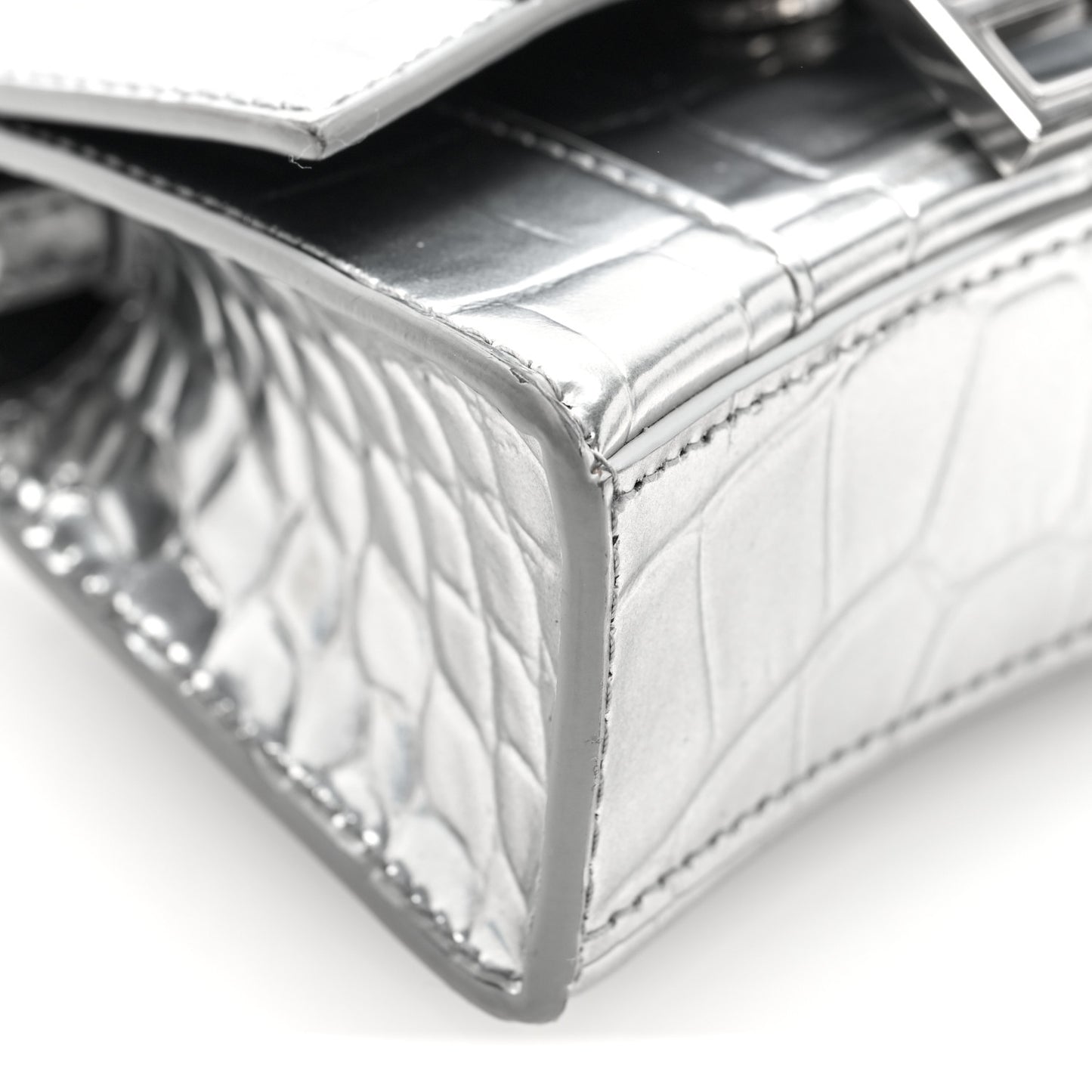 Metallic Calfskin Crocodile Embossed Hourglass Top Handle Bag Mini Silver