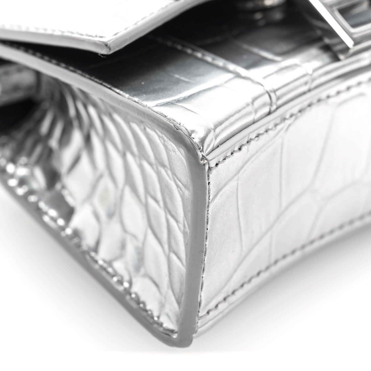 Balenciaga Metallic Calfskin Crocodile Embossed Hourglass Top Handle Bag Mini Silver 8 of 9