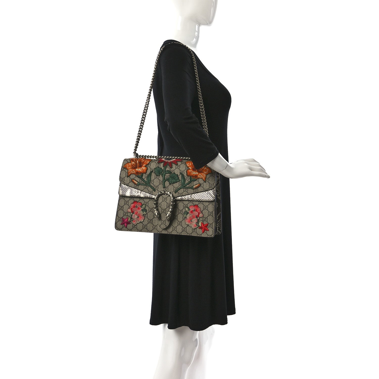 Gucci GG Supreme Monogram Snakeskin Flower Embroidered Medium Dionysus Shoulder Bag Beige Orange 2 of 11