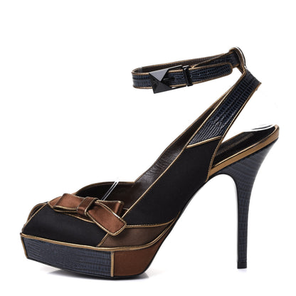 Louis Vuitton Lizard Suede Satin Sugar Platform Slingbacks 39 Black Brown 1 of 9