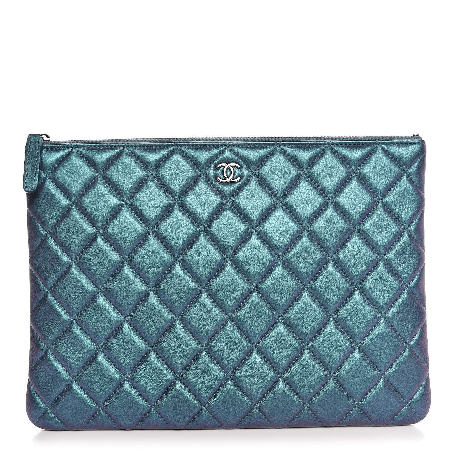 Iridescent Lambskin Quilted Medium Cosmetic Case Turquoise