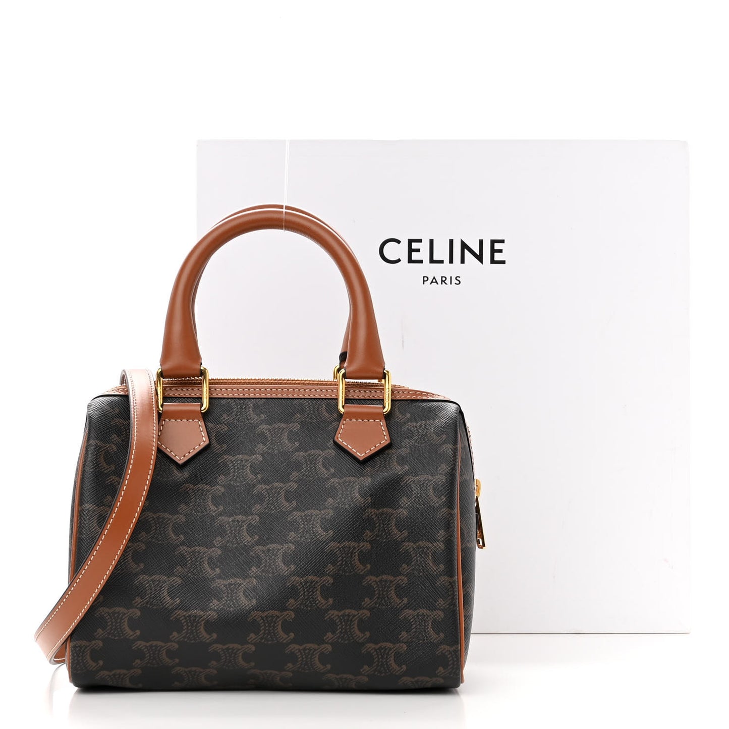 Triomphe Canvas Calfskin Small Boston Bag Tan