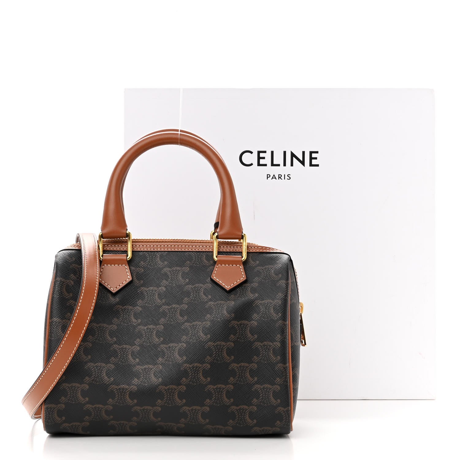 Celine Triomphe Canvas Calfskin Small Boston Bag Tan 11 of 11