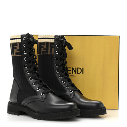 Fendi Calfskin Stretch Fabric Rockoko Biker Boots 36 Tobacco Black Marino 11 of 11