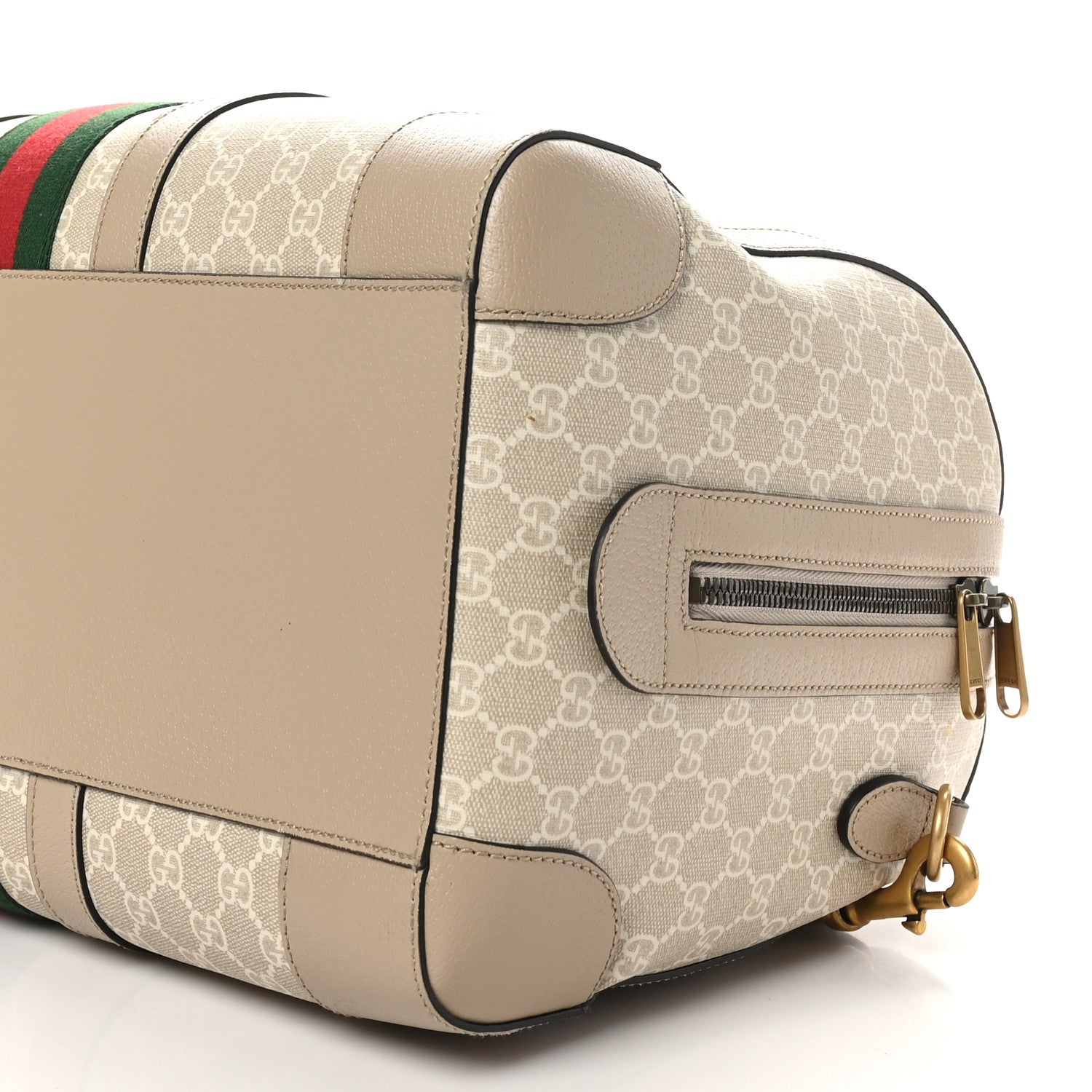 Gucci GG Supreme Monogram Textured Dollar Calfskin Web Medium Savoy Duffle Bag Beige Mystic White Oatmeal 9 of 10