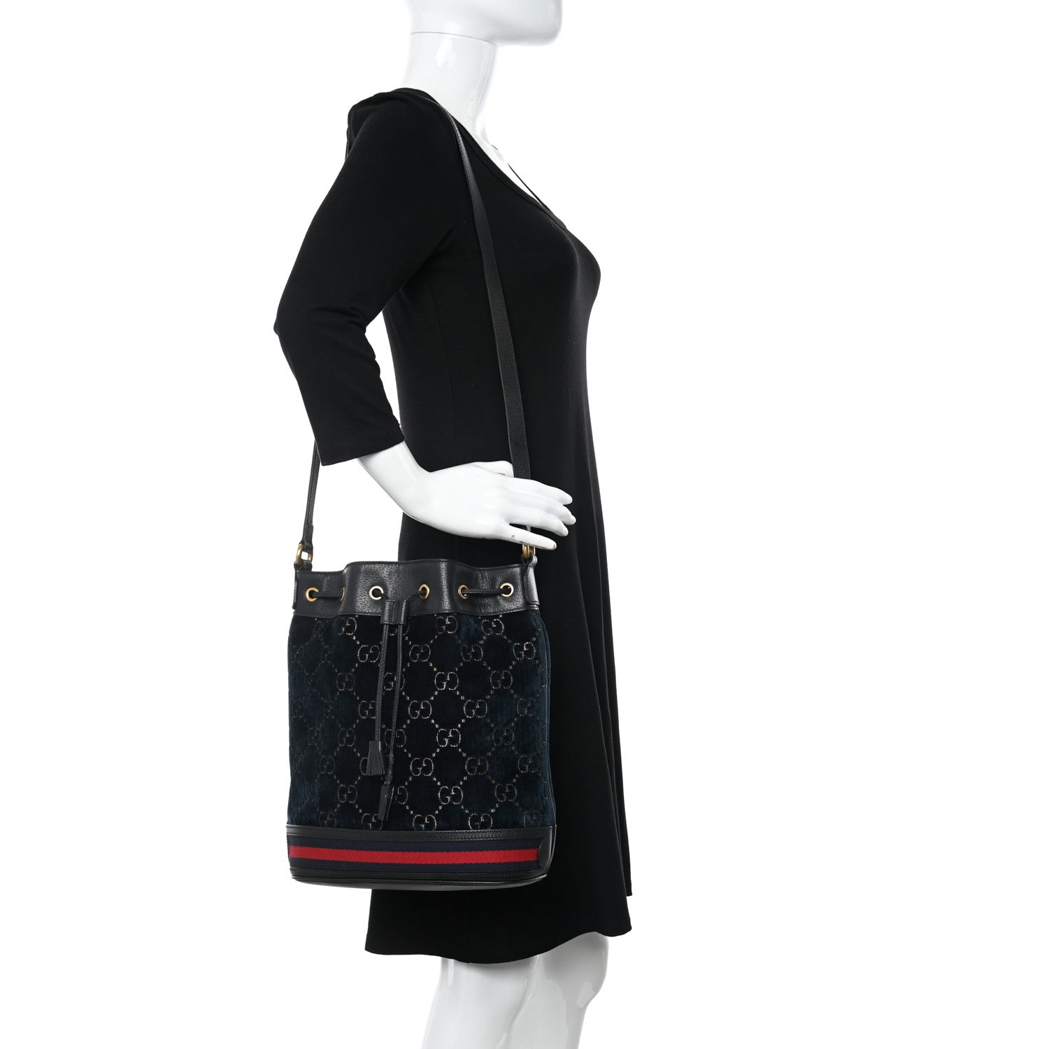 Gucci Velvet GG Monogram Web Bucket Bag Blue Beige 2 of 13