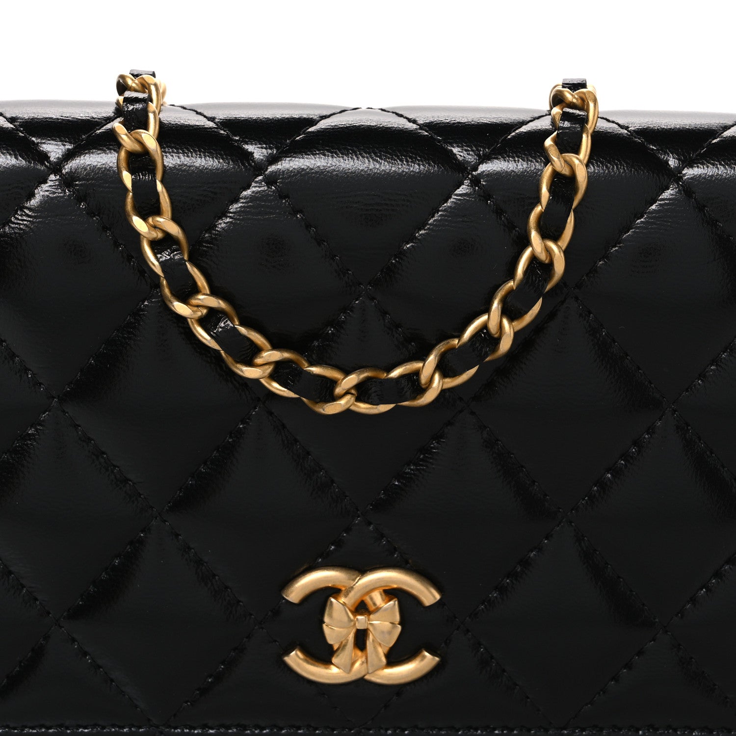 Chanel Shiny Lambskin Quilted CC Bow Wallet on Chain WOC Black 9 of 11