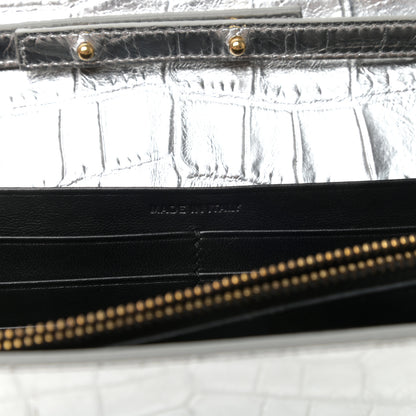 Saint Laurent Calfskin Crocodile Embossed Monogram Chain Wallet Argento 7 of 10