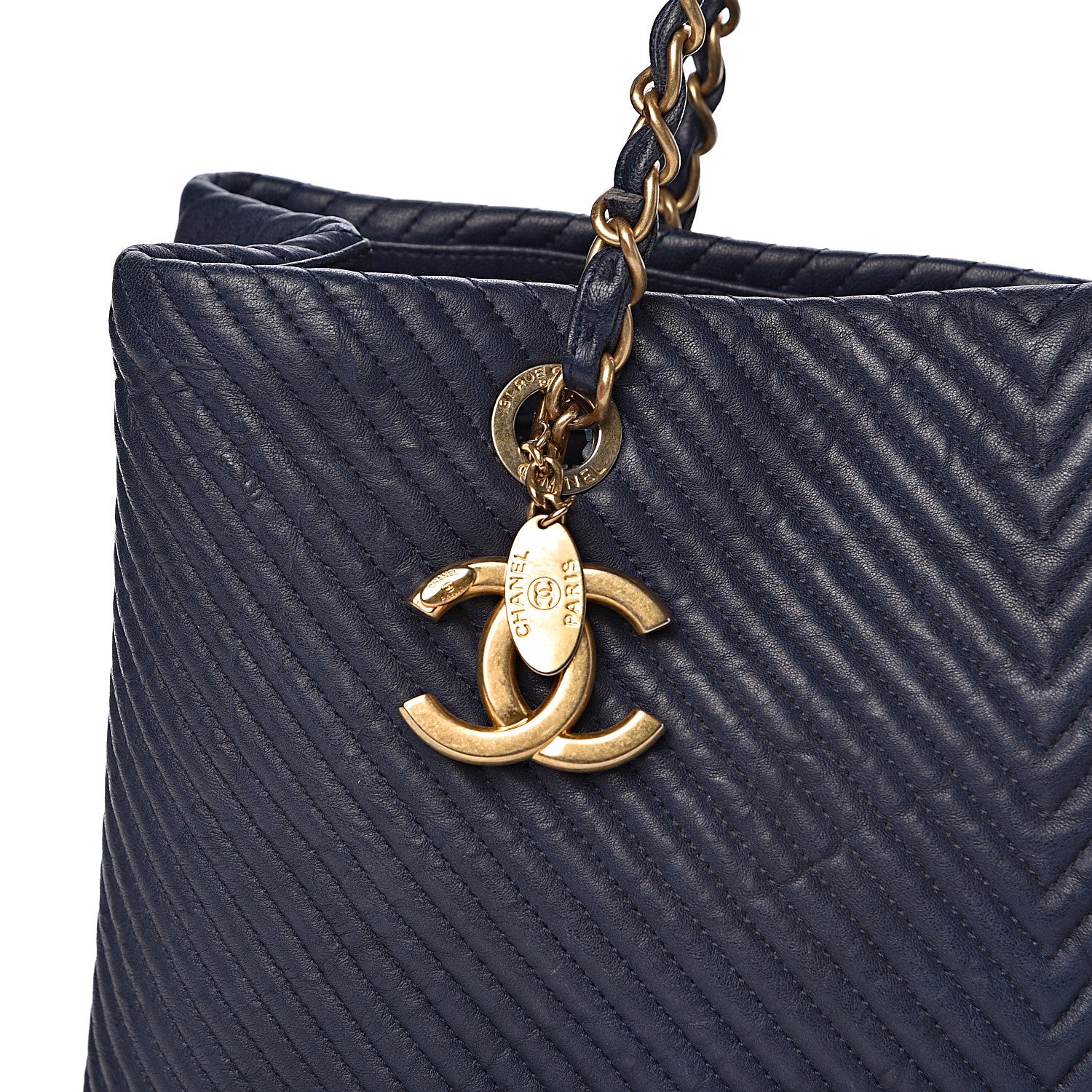 Chanel Wrinkled Lambskin Chevron Quilted Large Surpique Tote Navy Blue 10 of 10