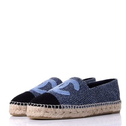 Chanel Cotton Tweed CC Espadrilles 38 Blue Ecru Black 3 of 11