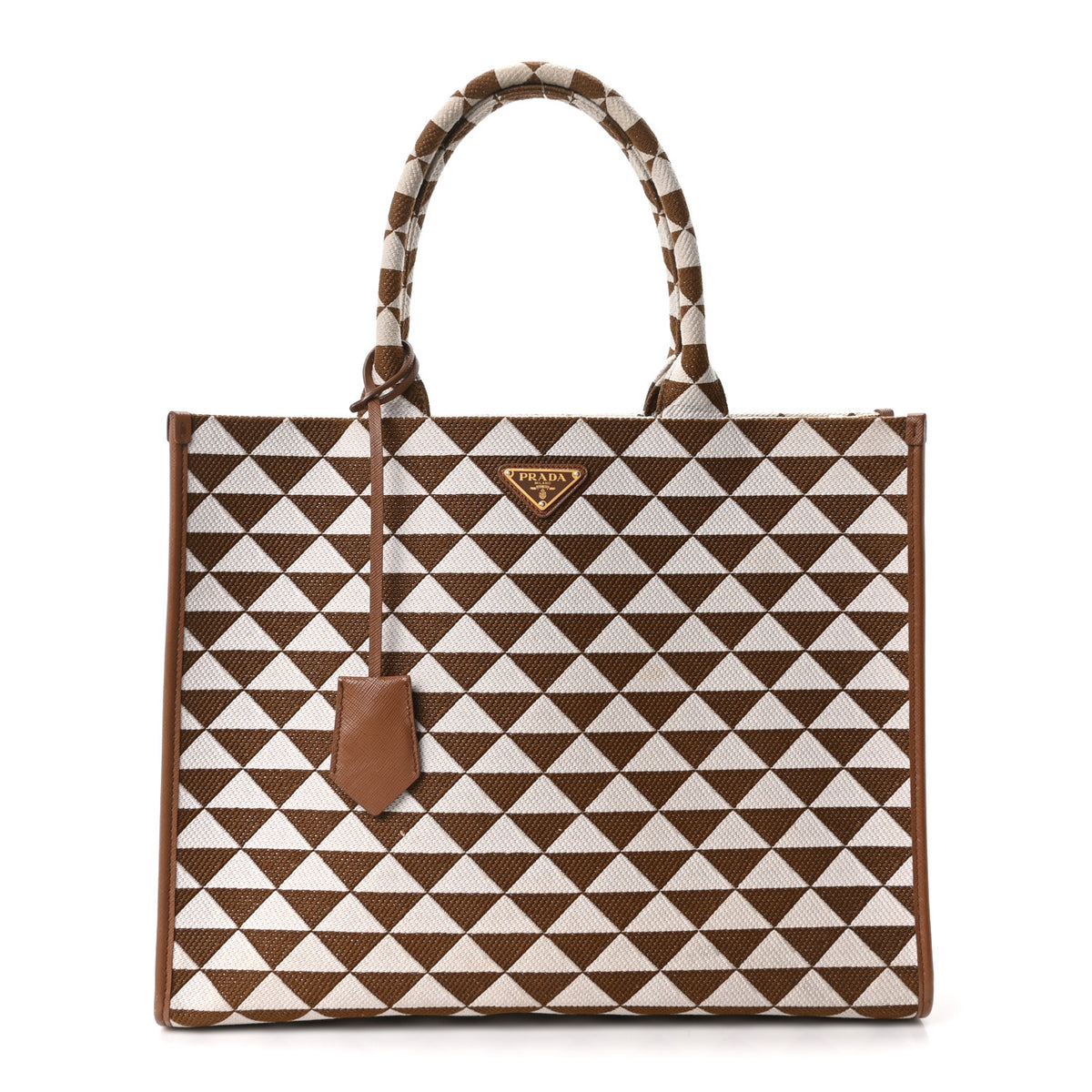 Jacquard Saffiano Triangolo Symbole Embroidered Large Tote Tobacco Talco