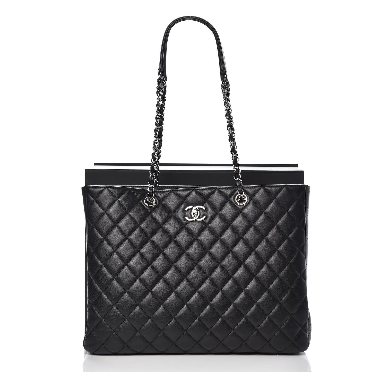 Calfskin Quilted Large Classic Shopping Tote Black