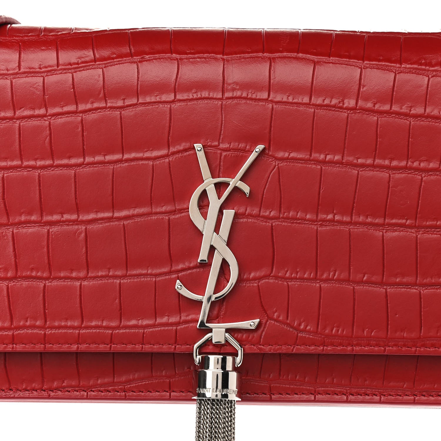 Saint Laurent Calfskin Crocodile Embossed Kate Monogram Tassel Chain Wallet Red 8 of 11
