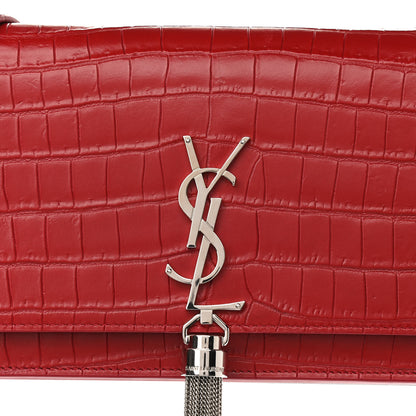 Saint Laurent Calfskin Crocodile Embossed Kate Monogram Tassel Chain Wallet Red 8 of 11