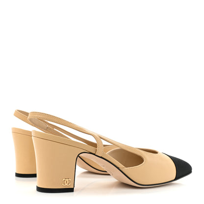 Chanel Goatskin Grosgrain Cap Toe CC Slingback Pumps 38 Beige Black 4 of 10