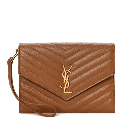 Saint Laurent Grain De Poudre Matelasse Chevron Monogram Cassandre Flap Pouch Natural Dark 1 of 11