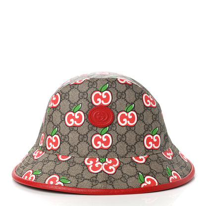 Gucci GG Supreme Monogram Apple Textured Dollar Calfskin Retro Interlocking G Fedora Pomme Bucket Hat M Beige Ebony Red 4 of 9