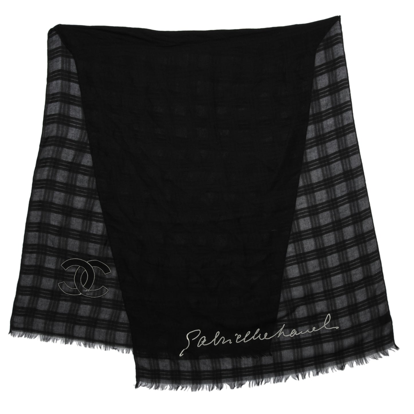 Cashmere Silk Sequins Plaid Logo Scarf Shawl Black White