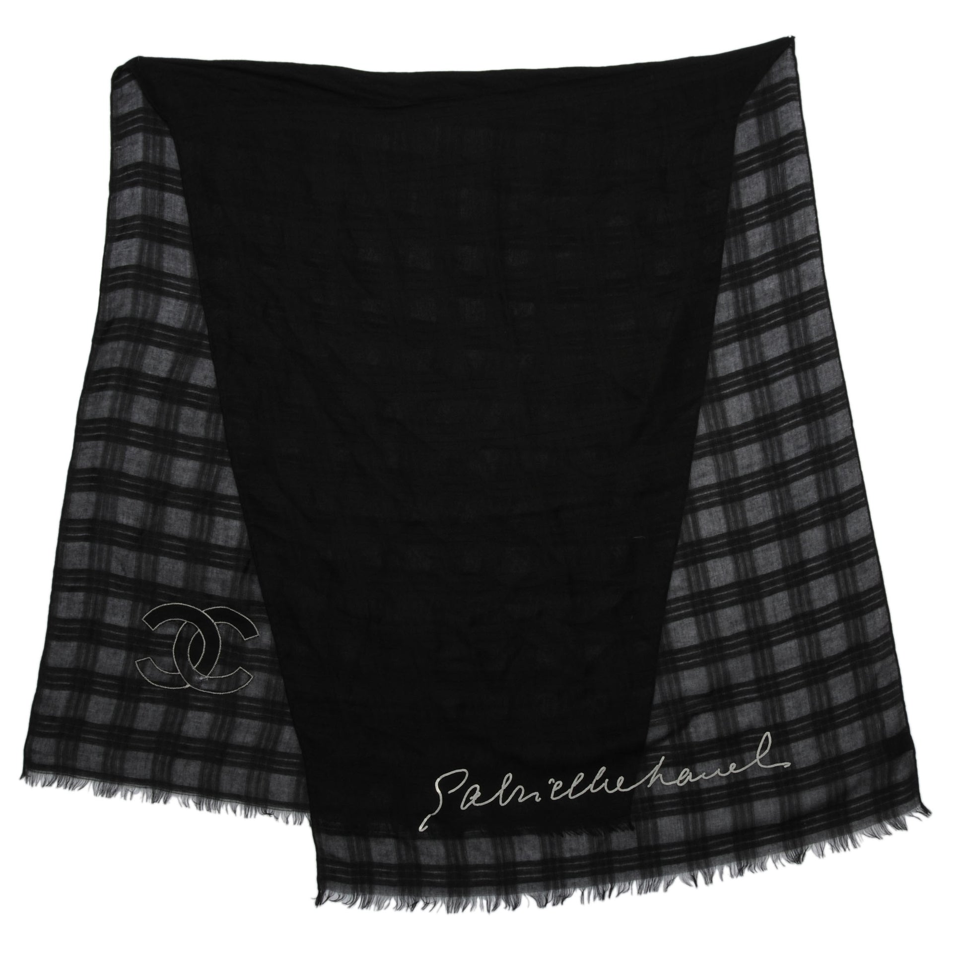 Chanel Cashmere Silk Sequins Plaid Logo Scarf Shawl Black White 3 of 7
