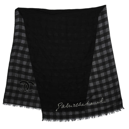 Chanel Cashmere Silk Sequins Plaid Logo Scarf Shawl Black White 3 of 7