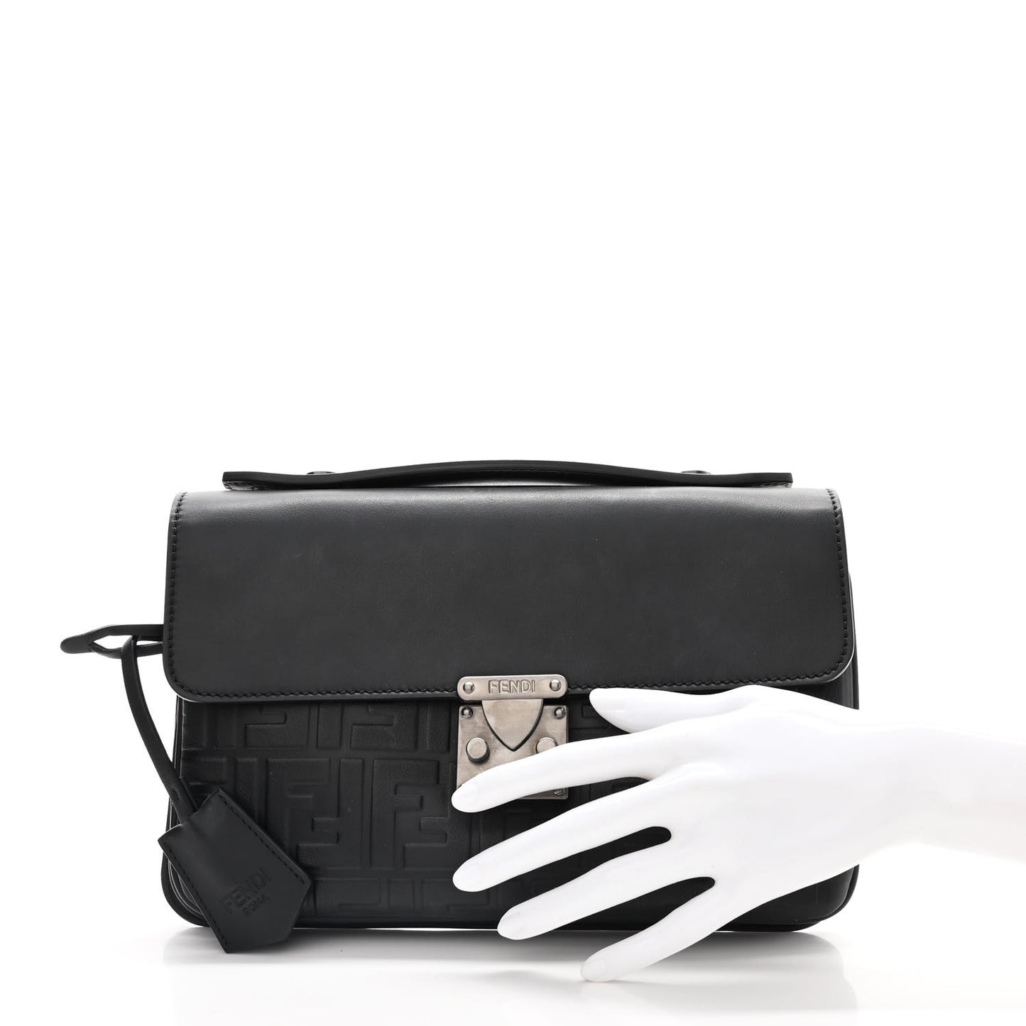 Vitello Century Grace FF Embossed Top Handle Clutch Black