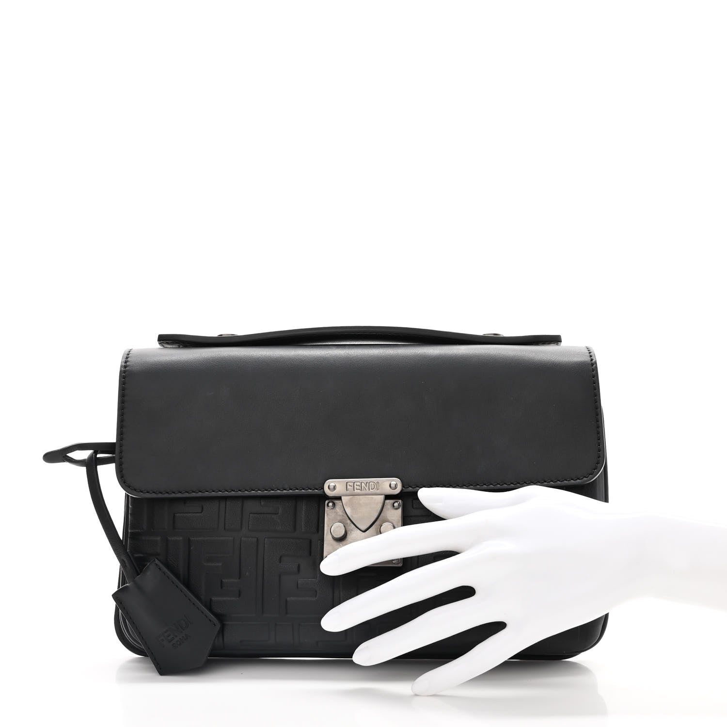 Fendi Vitello Century Grace FF Embossed Top Handle Clutch Black 2 of 10