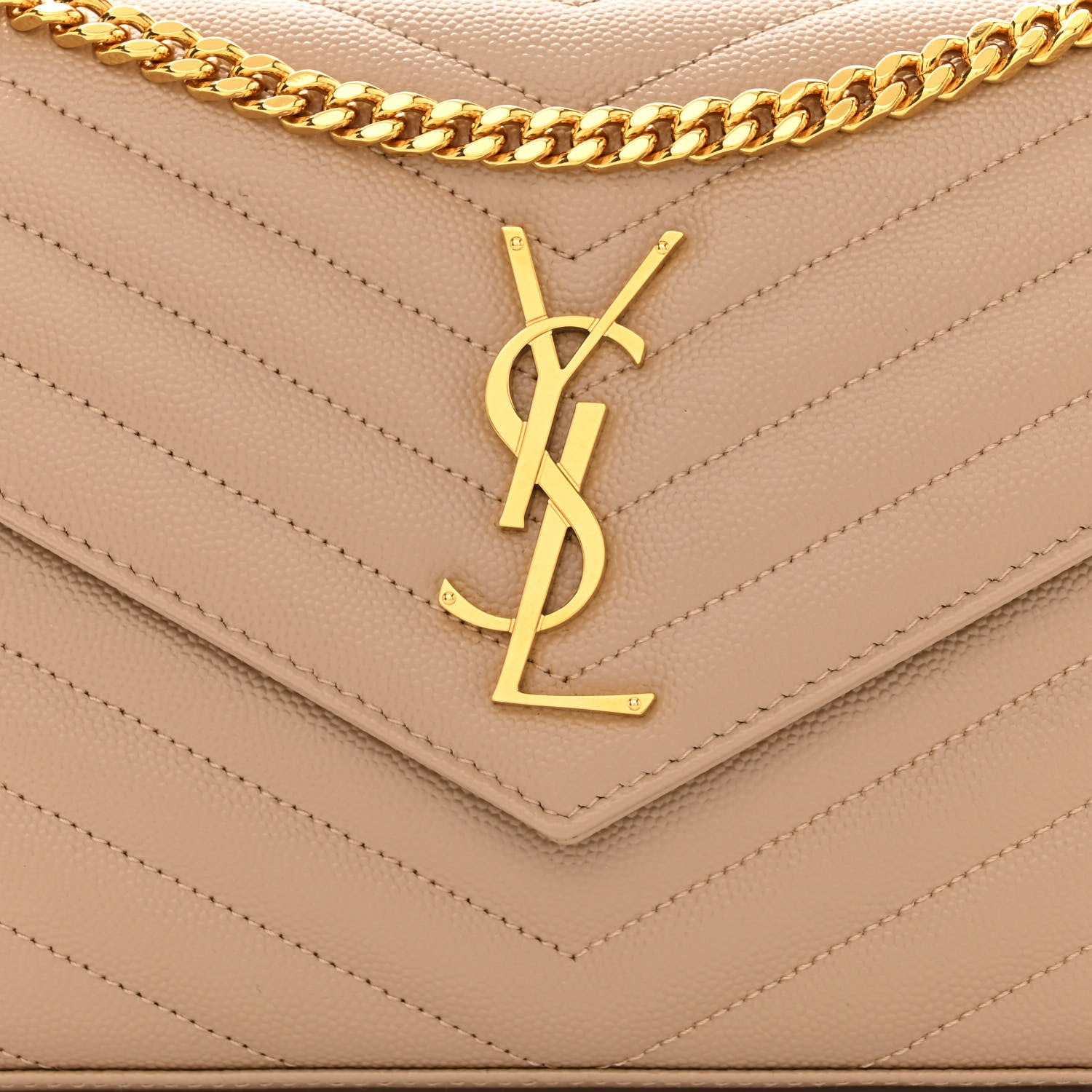 Saint Laurent Grain De Poudre Matelasse Chevron Monogram Chain Wallet Dark Beige 7 of 9