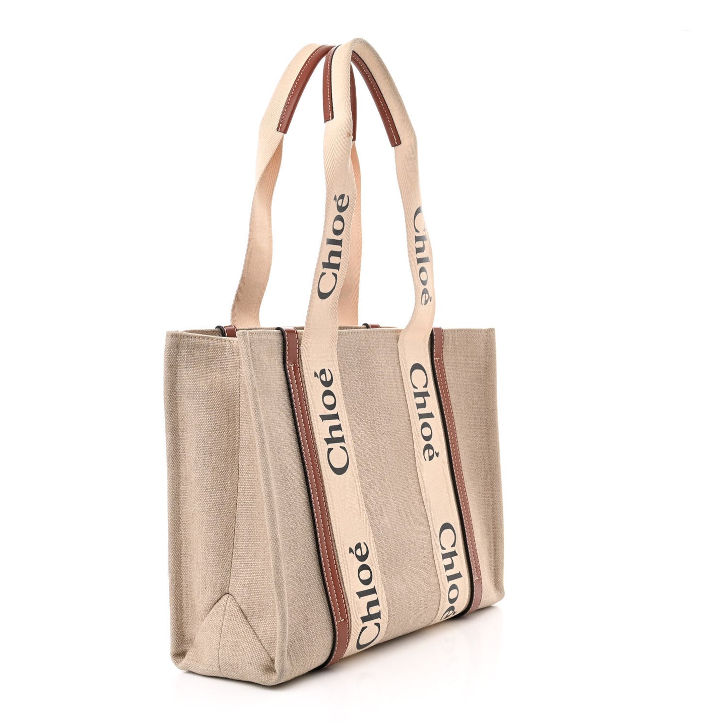 Linen Calfskin Medium Woody Ribbon Tote White Brown