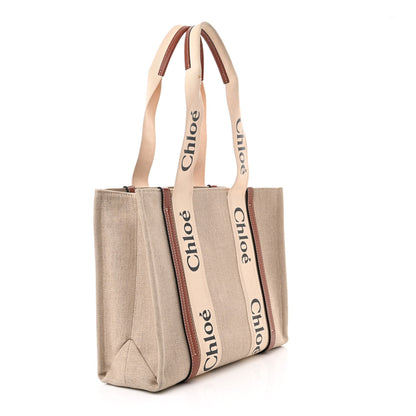 Chloe Linen Calfskin Medium Woody Ribbon Tote White Brown 3 of 17
