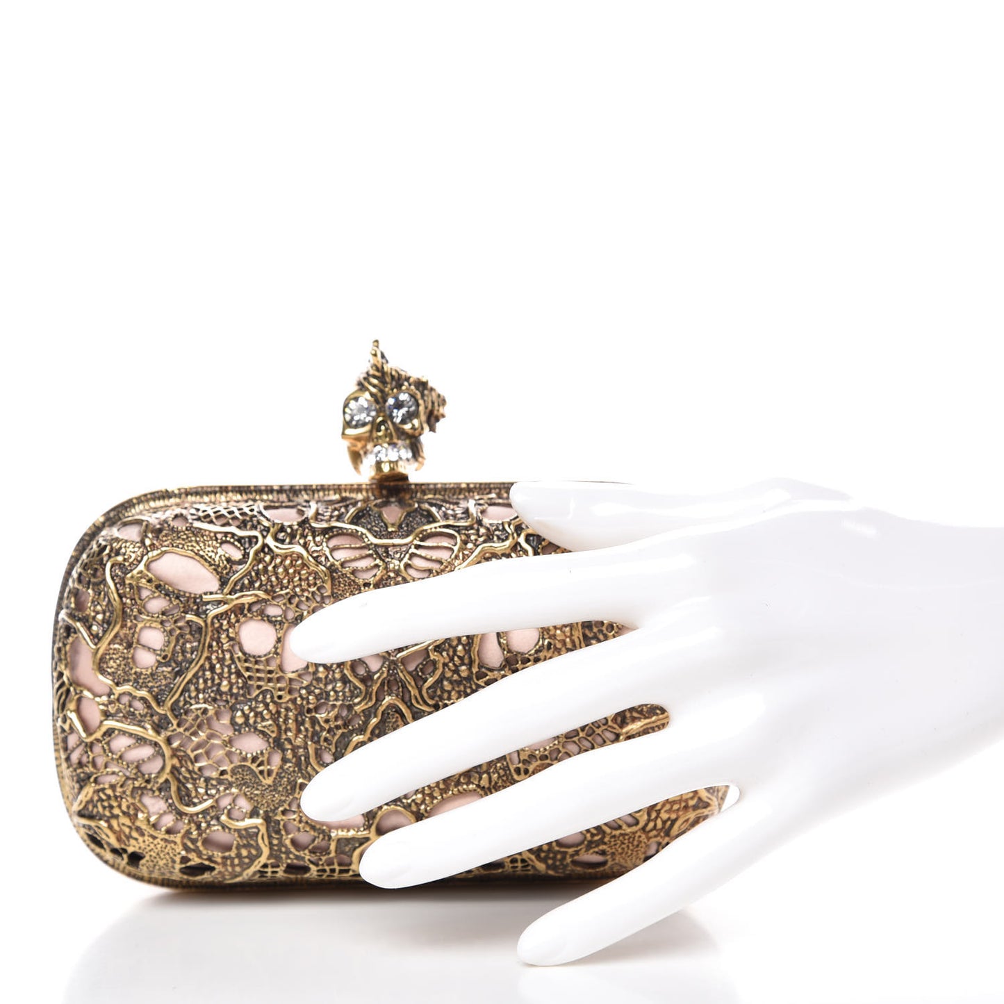 Metal Filigree Crystal Embellished Duchesse Skull Box Clutch Gold